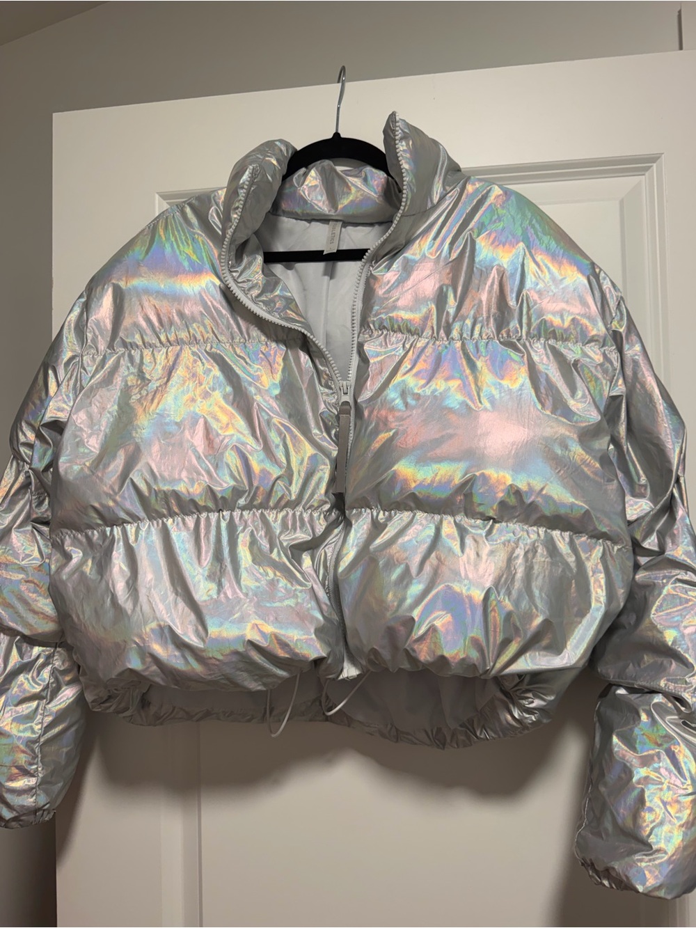 Fabletics Iridescent Silver Holographic Puffer Jacket